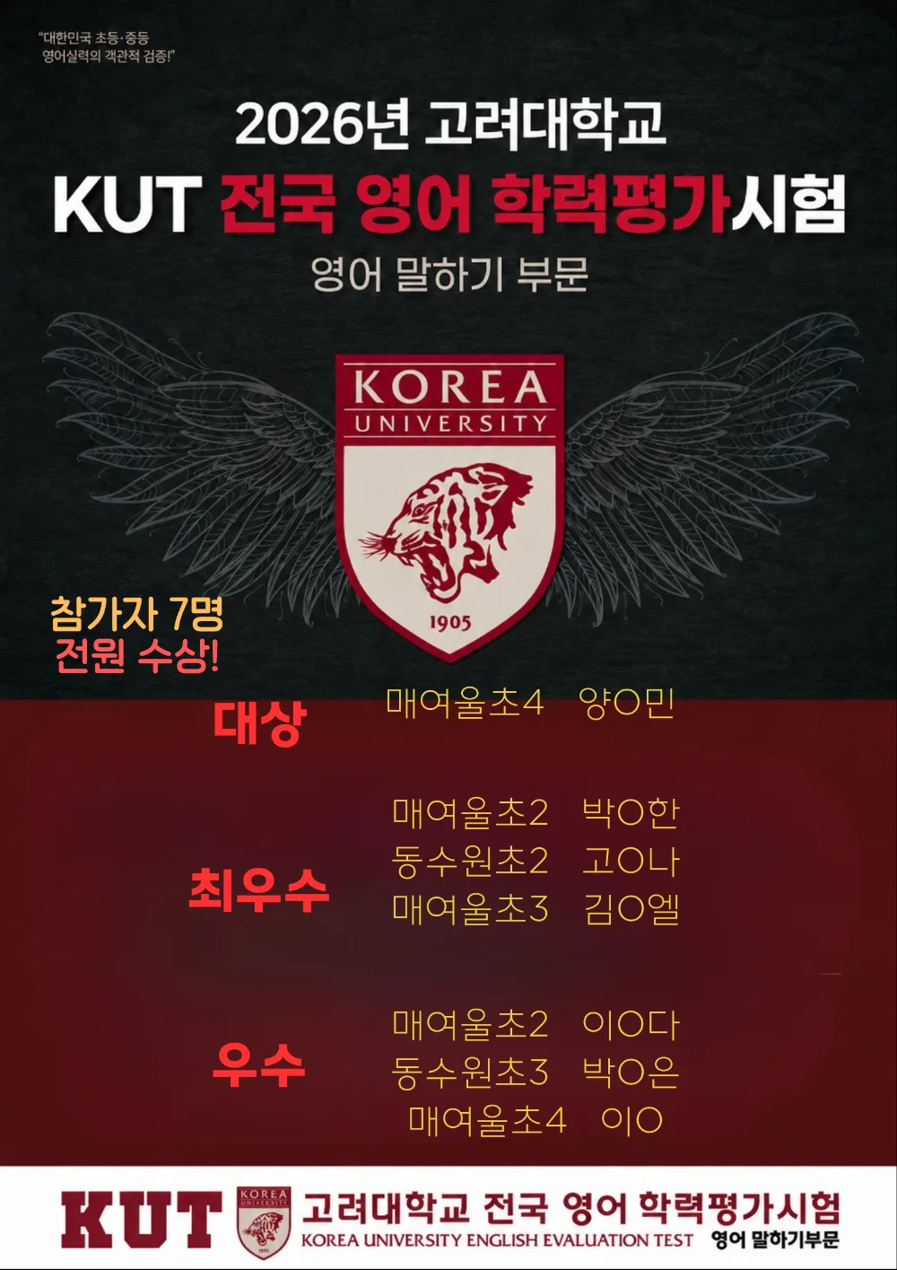 2026년 고려대학교 KUT 전국 영어 학력평가시험 영어 말하기 부문 수상자 발표 포스터. 참가자 7명 전원 수상